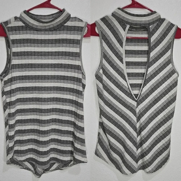 Daytrip Tops - Daytrip Medium Striped Mock Neck Cut Out Open Back Soft Knit Sleeveless Tank Top